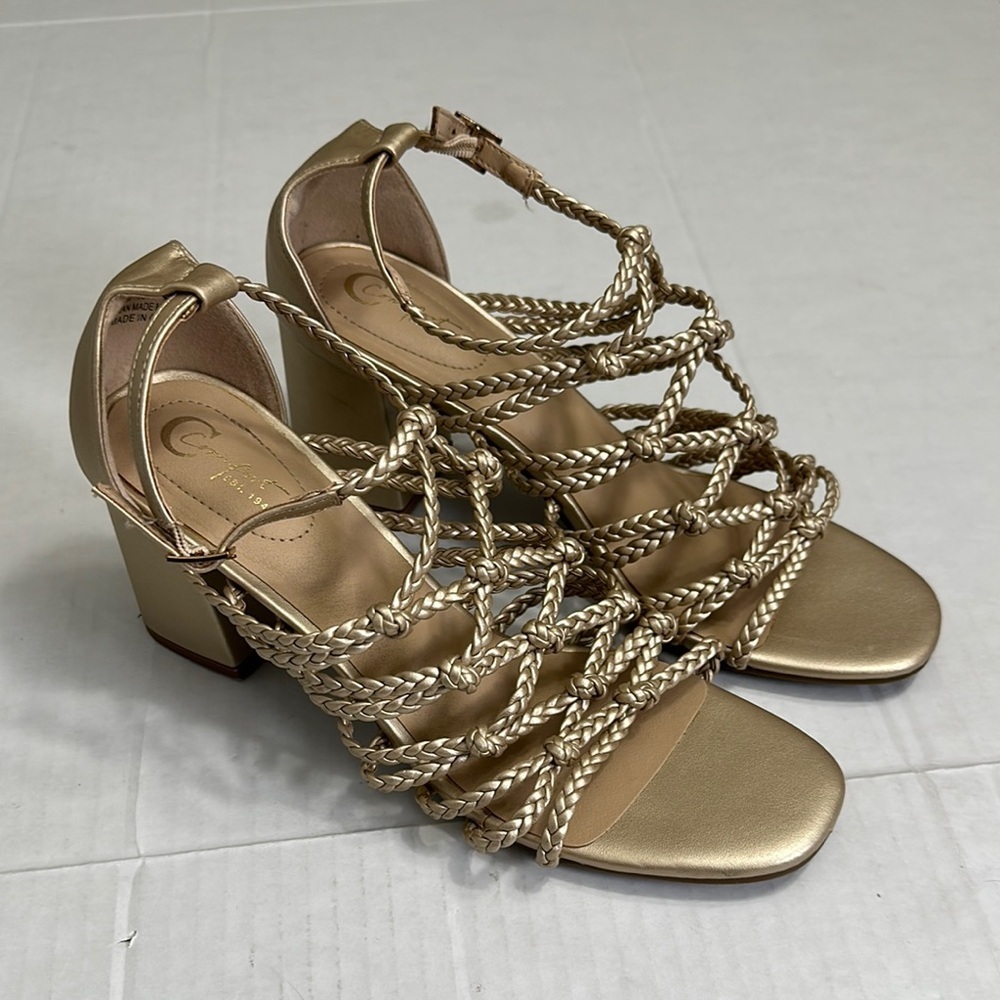 Comfort Gold Chunky Heel Braided Strappy Womens‎ Sandals Size 9
